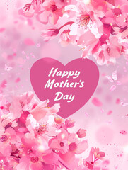 Happy Mother's Day background with cherry blossom and pink heart. 