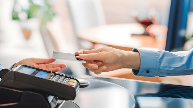 View of a hand holding a credit card, poised to make a payment. Adjacent to the hand is a POS (Point of Sale) terminal, displaying a digital screen.