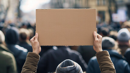 A person holding an empty cardboard sign at the front of a crowd - 787274767