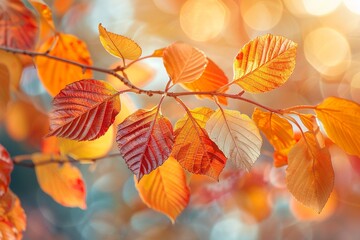 Closeup of autumn leaves on a delicate branch, sunlit with a soft golden glow, rich reds and yellows