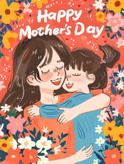 Happy mother's day greeting card with mother and daughter