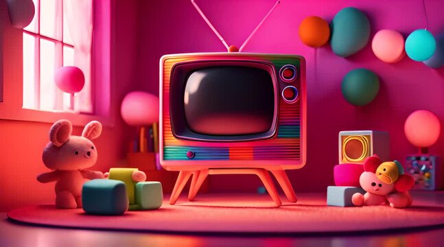 A Colorful Television Sits Amongst Stuffed Animals and Balloons in a Pink Room