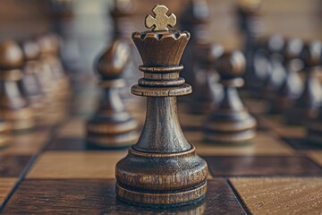 A wooden chess piece with a crown on top is on a wooden chess board - Powered by Adobe