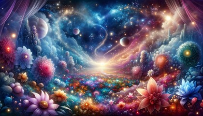 Obraz premium Celestial garden with celestial blooms, stardust, and magical flora amidst a cosmic dreamscape.