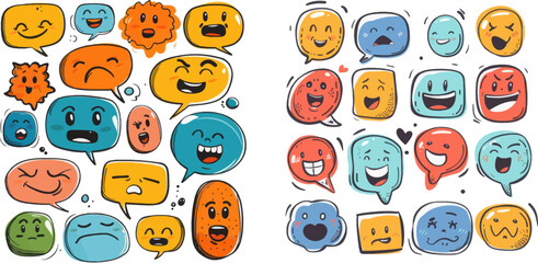 Doodle comic icons, speech balloon shapes different emotions, modern flat stickers
