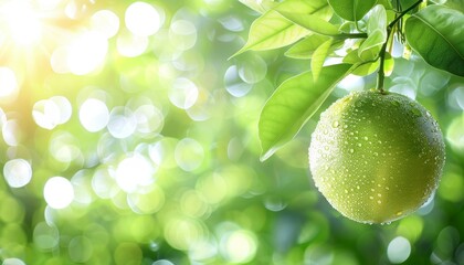 Macro close up of juicy pomelo fruit with water droplets on tree, ideal for banner with text space