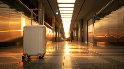 A white travel suitcase is placed in the airport corridor - obrazy, fototapety, plakaty