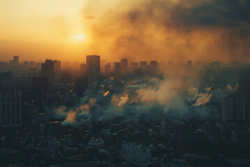 Sunset Over Busy Urban Street with Pollution.