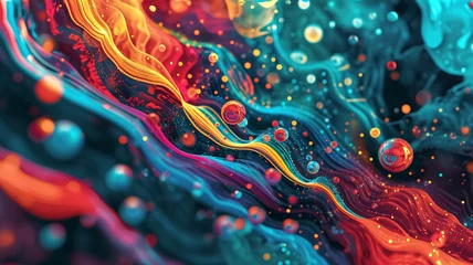 Fotobehang A mesmerizing fluid art piece, with swirling patterns and vibrant orbs in a psychedelic array of colors, suggesting creative movement and energy. © Mala