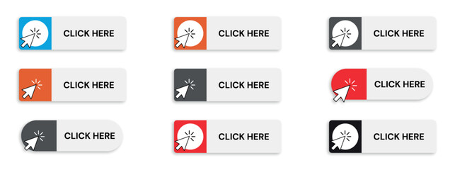 set of click-here buttons with a mouse cursor isolated on a white background - obrazy, fototapety, plakaty