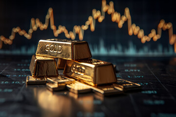 Stacks of gold bars gleam against a backdrop of glowing financial market charts, symbolizing wealth and investment stability..