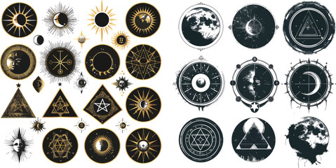 Astrology moon and pyramid, eclipse spirituality, freemasonry mysterious collection - obrazy, fototapety, plakaty