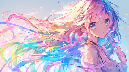 Obraz na płótnie Canvas beautiful cute anime girl, flowing hair neon rainbow colors highlights. 2d anime backgrounds