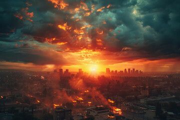 Fiery Sunset Over Urban River Skyline. - obrazy, fototapety, plakaty