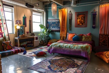 Fototapeta na wymiar Modern colorful bedroom interior bohemian style