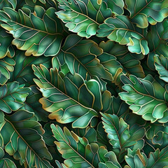 A close up of green leaves with a gold leaf in the middle