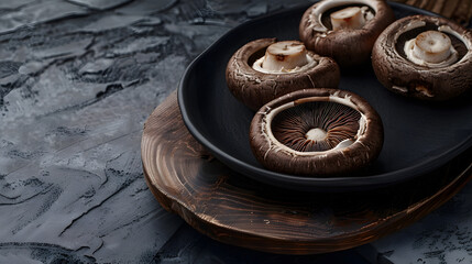 Raw Portobello mushrooms on black ceramic plate and wood cut board on concrete baclground Bannner with copy space : Generative AI - Powered by Adobe