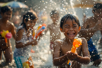 Joyful Child Playing in Water on Sunny Day