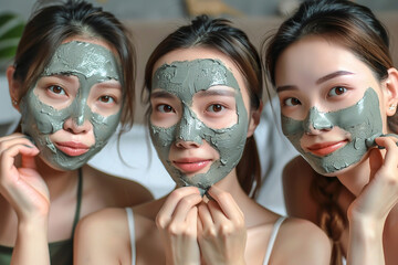 Asian chinese beautiful women applying face mask on the face