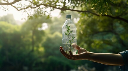 A person holds a clear water bottle in their hand, inside of which a small green plant is growing, symbolizing growth and sustainability