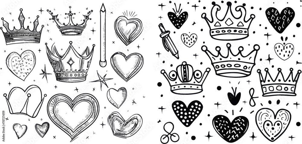 Poster heart and crown frame doodles lines elements