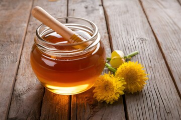 StockImage Jar filled with honey on wooden table, golden sweetness displayed