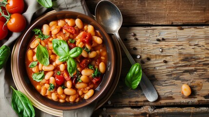 A plate of baked beans with tomatoes and sage