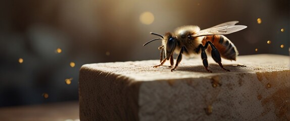 Bee on Table Stone podium for display product. Background for cosmetic product branding, identity and packaging inspiration, rear view