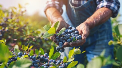 Pick Blueberries Day. A farmer picks blueberries on an organic farm