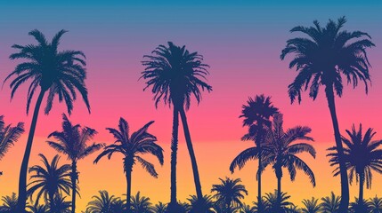 Fototapeta na wymiar Silhouettes of Palm Trees Against a Sunset Sky Background Horizontal Image