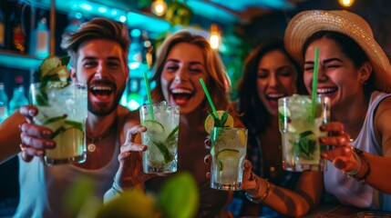 Obraz na płótnie Canvas Happy group of friends drinking mojito in cocktail bar