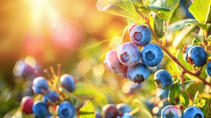 Fresh organic blueberries on the bushes - obrazy, fototapety, plakaty
