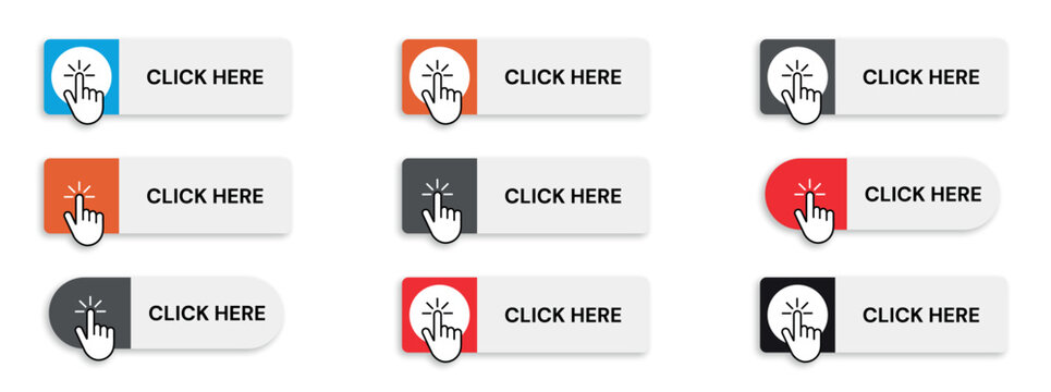 set of click-here buttons with mouse cursor isolated on a white background