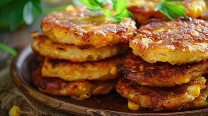 Fried corn fritters in a frying pan on a wooden kitchen table, close-up
