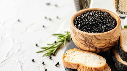 Black sturgeon caviar in a wooden bowl