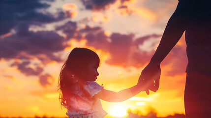 Silhouette Little Girl Holding Father's Hand Sunset Family Bond  Fatherhood Concept