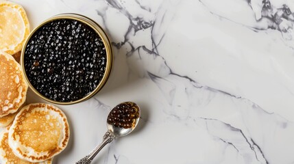 Black caviar with a spoon and snacks, mini pancakes - obrazy, fototapety, plakaty