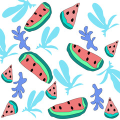 Watermelon juicy slices with green tropical leaves on pink background. Seamless natural floral pattern