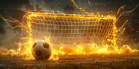 a soccer ball and a goal against a background of flashing lightning - obrazy, fototapety, plakaty
