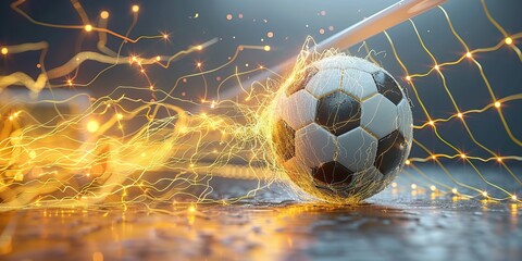 a soccer ball and a goal against a background of flashing lightning