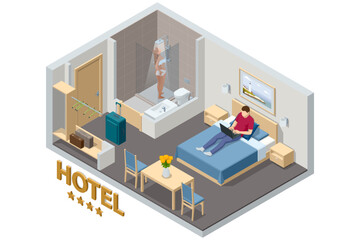 Isometric Modern Bedroom Suite in Hotel. Hotel Checking in and Having Rest in Their Rooms. Enjoy the Holiday and Vacation. Mobile Application, Hotel Booking Online on Website.