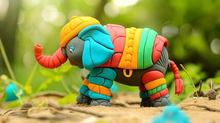 Elefante de guerra colorido feito de massinha de modelar - obrazy, fototapety, plakaty