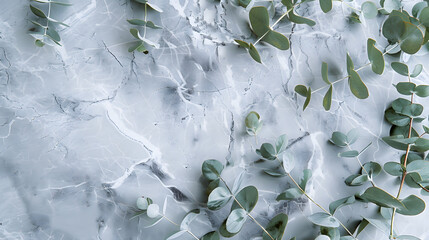 Eucalyptus leaves on grey marble background Frame made of eucalyptus branches Flat lay top view copy space minimal composition : Generative AI