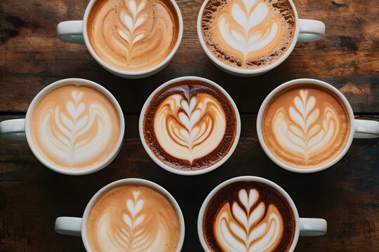 StockPhoto A variety of cup macchiatos presented in top view