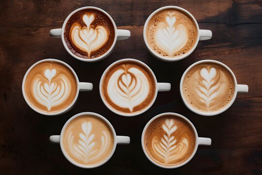 StockPhoto A variety of cup macchiatos presented in top view