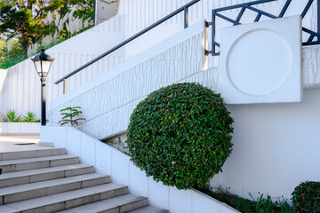 A large bush in the shape of a ball in a geometric pattern of light stairs and dark lantern and...