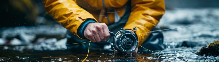 In the rain, a fisherman's hands deftly manipulate a fly fishing reel, protected by a waterproof yellow jacket. - obrazy, fototapety, plakaty