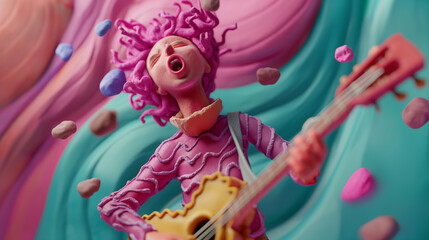 Mulher cantando vestindo roupas rosas e com um violão -  feito de massinha de modelar - obrazy, fototapety, plakaty