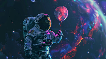 A man in a spacesuit holding a red balloon - obrazy, fototapety, plakaty