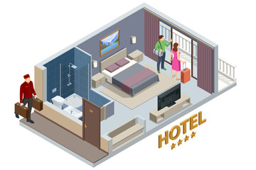 Isometric Modern Bedroom Suite in Hotel. Hotel Checking in and Having Rest in Their Rooms. Enjoy the Holiday and Vacation. Mobile Application, Hotel Booking Online on Website.